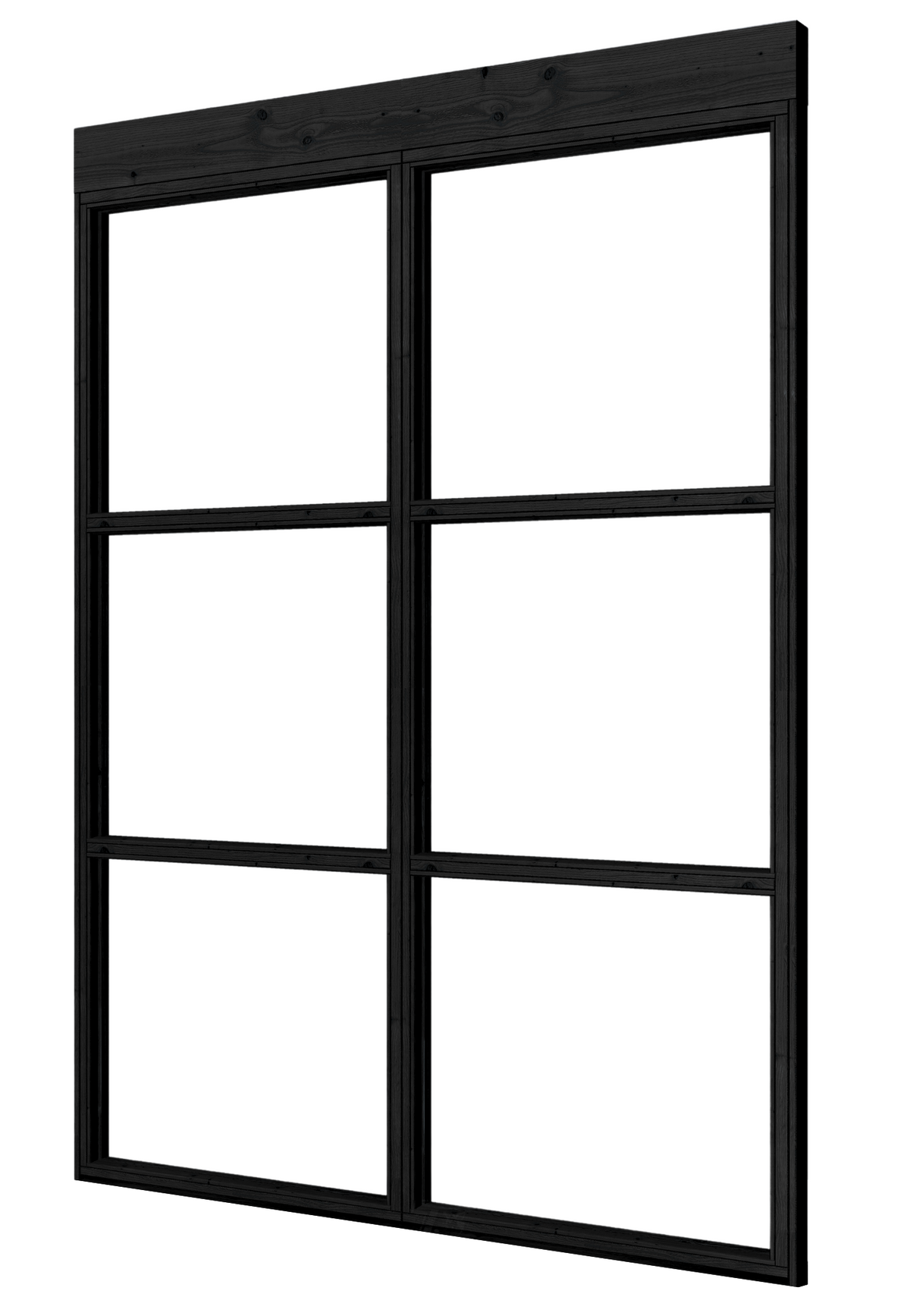 Schuinaanzicht van voren van een zwarte steellook glaswand met 2 panelen, 232 x 224 cm, met bovenbalk.