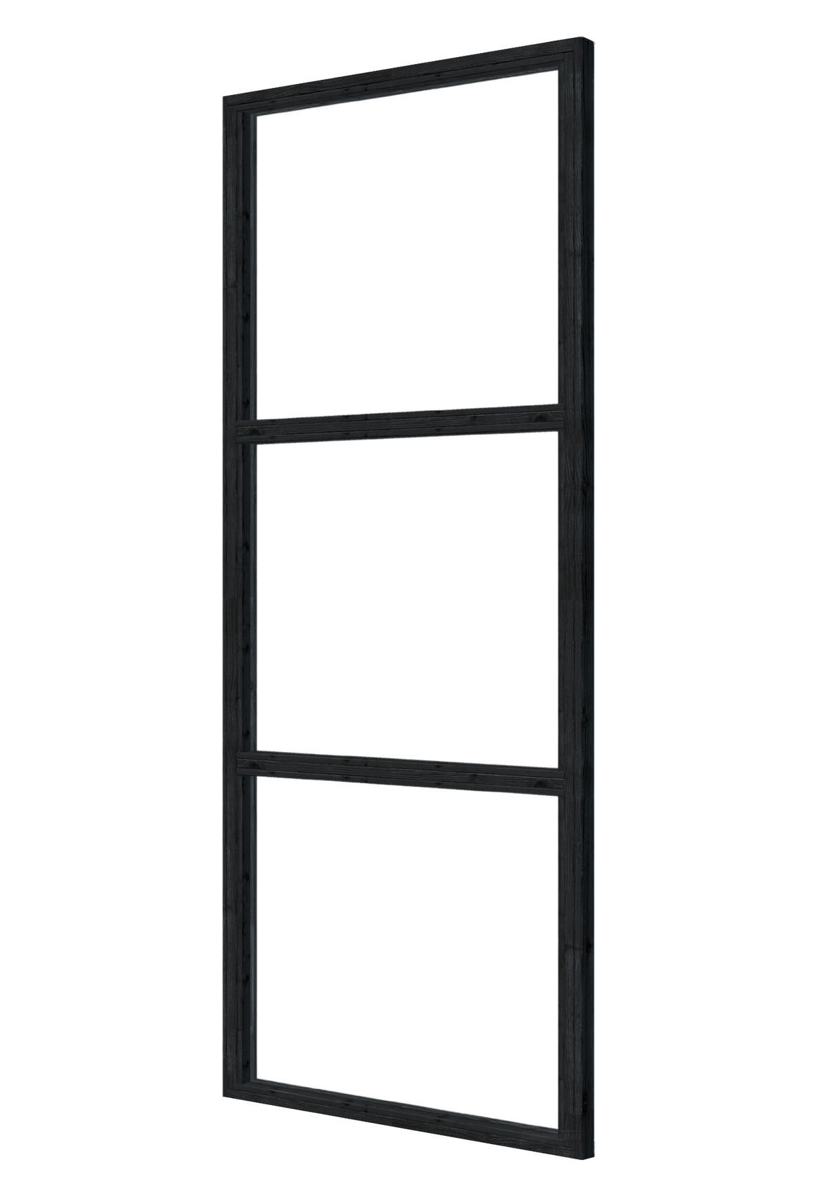 Schuinaanzicht van voren van een zwarte steellook glaswand met 2 panelen, 90 x 224 cm, met bovenbalk.