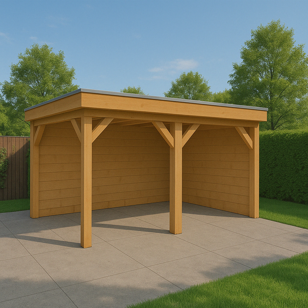 Douglas overkapping met achterwand en 1x zijwand 500 x 300 cm