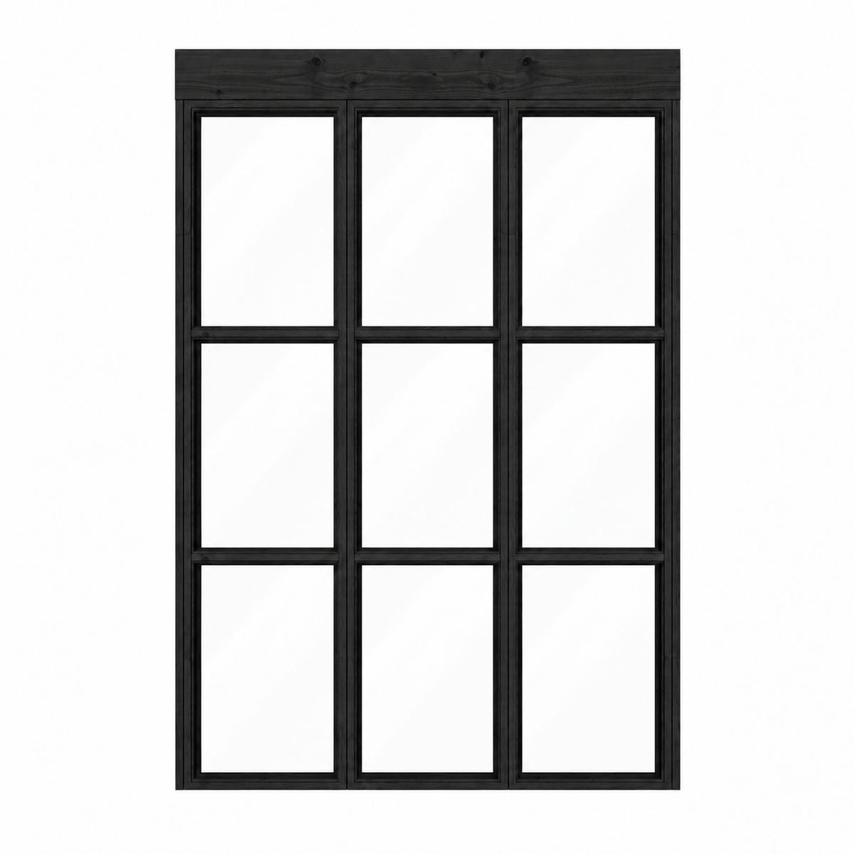 Productillustratie van een zwarte steellook glaswand met drie panelen, 135 x 224 cm, van voren gezien.