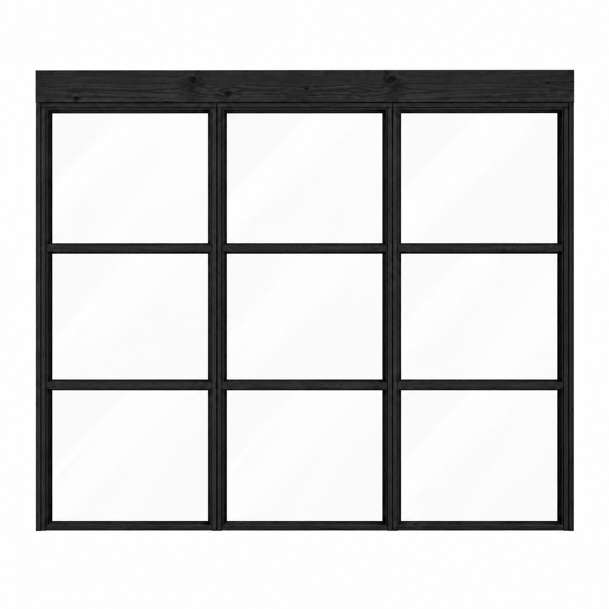 Productillustratie van een zwarte steellook glaswand met drie panelen, 248 x 224 cm, van voren gezien.