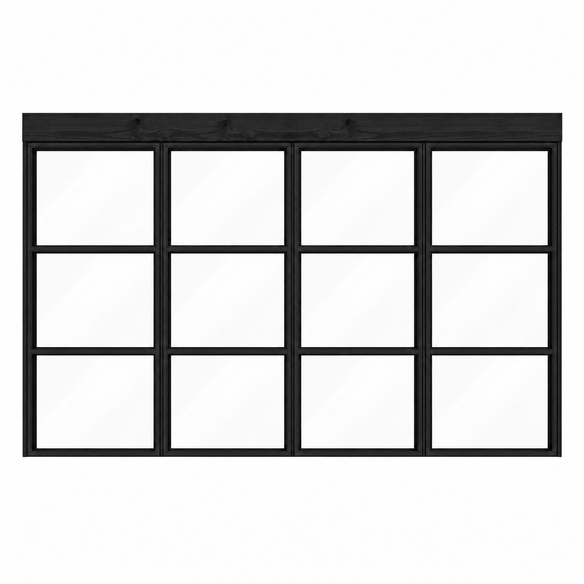 Productillustratie van een zwarte steellook glaswand met vier panelen, 330,4 x 224 cm, van voren gezien.