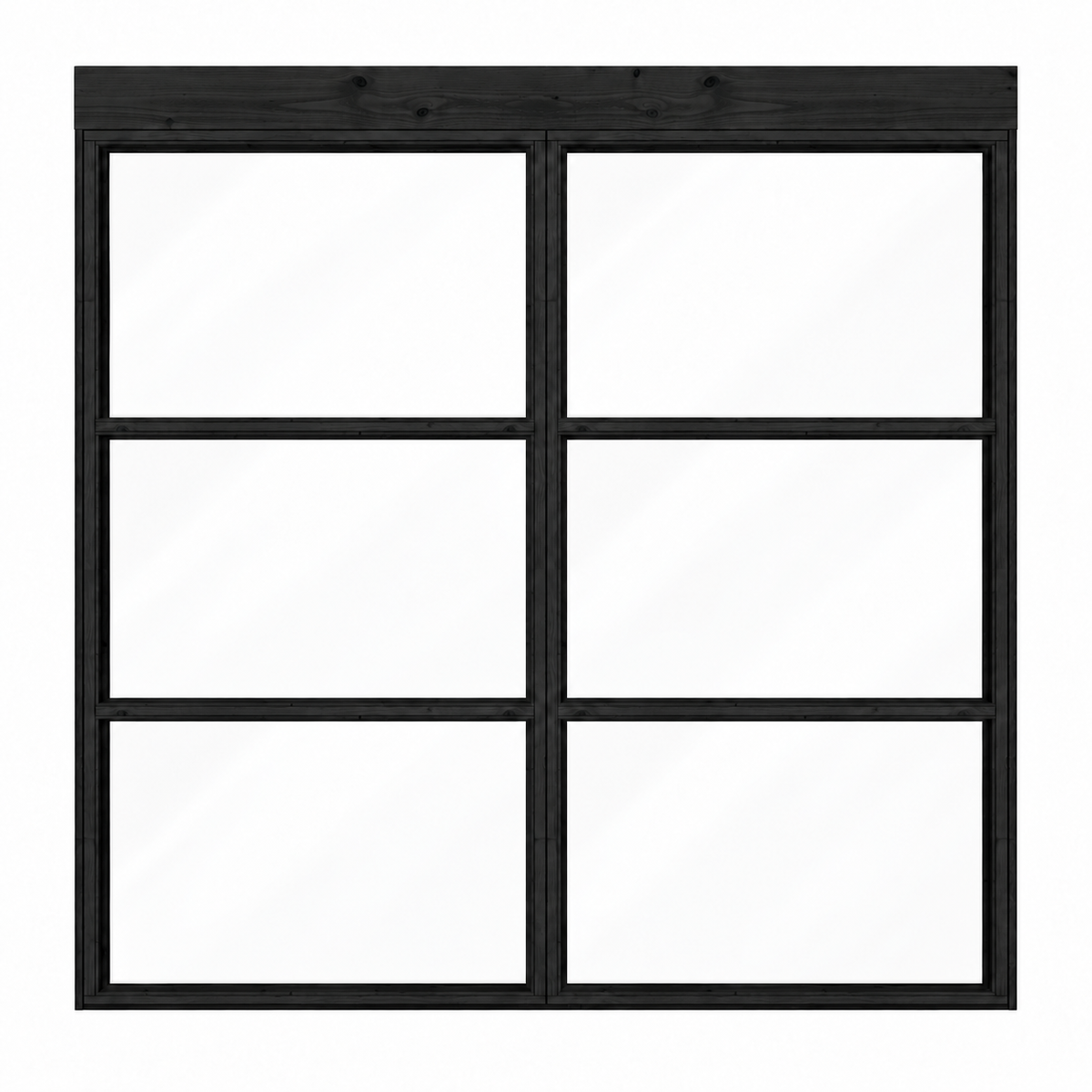 Productillustratie van een zwarte steellook glaswand met twee panelen, 198,6 x 224 cm, recht van voren gezien.