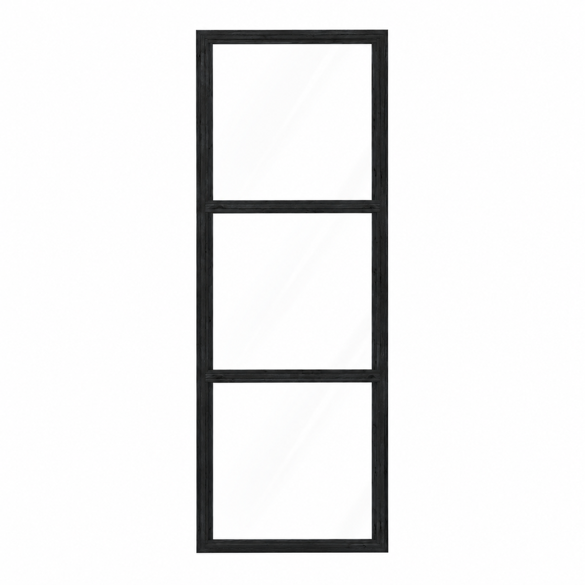 Zwarte steellook glaswand 82,5 x 212 cm met drie glasvakken, van voren gezien.