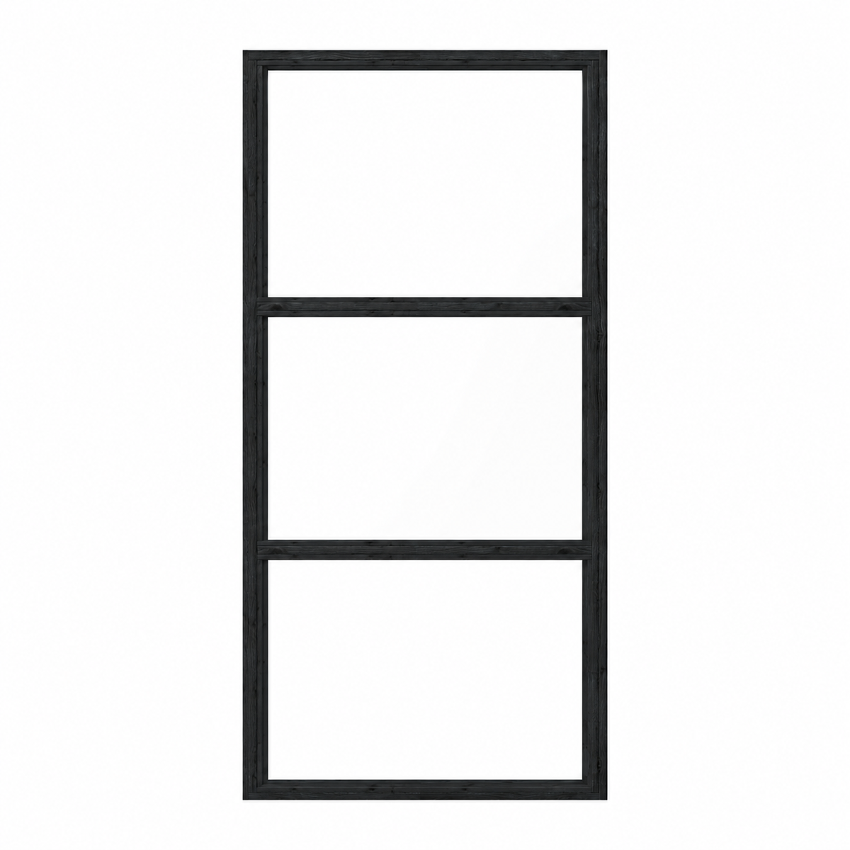 Zwarte steellook glaswand 99,3 x 212 cm met drie glasvakken, van voren gezien.