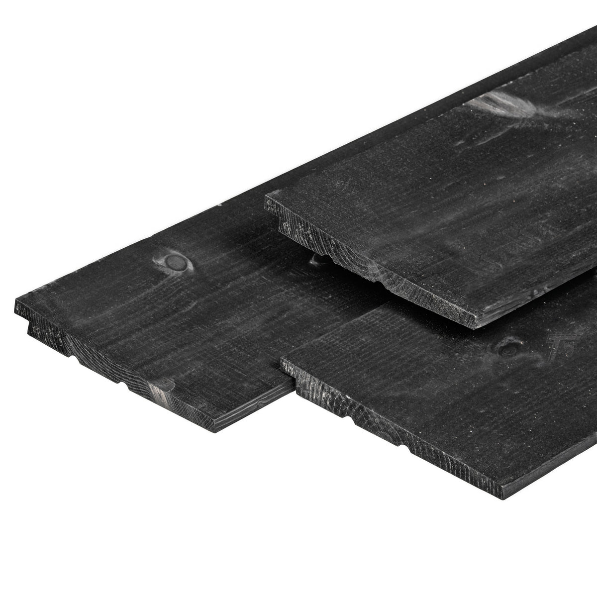 Zwart gespoten vuren Zweeds rabat 1,1/2,2 × 19,5 cm, schuin van rechtsboven naar linksonder met zichtbaar overlappend profiel