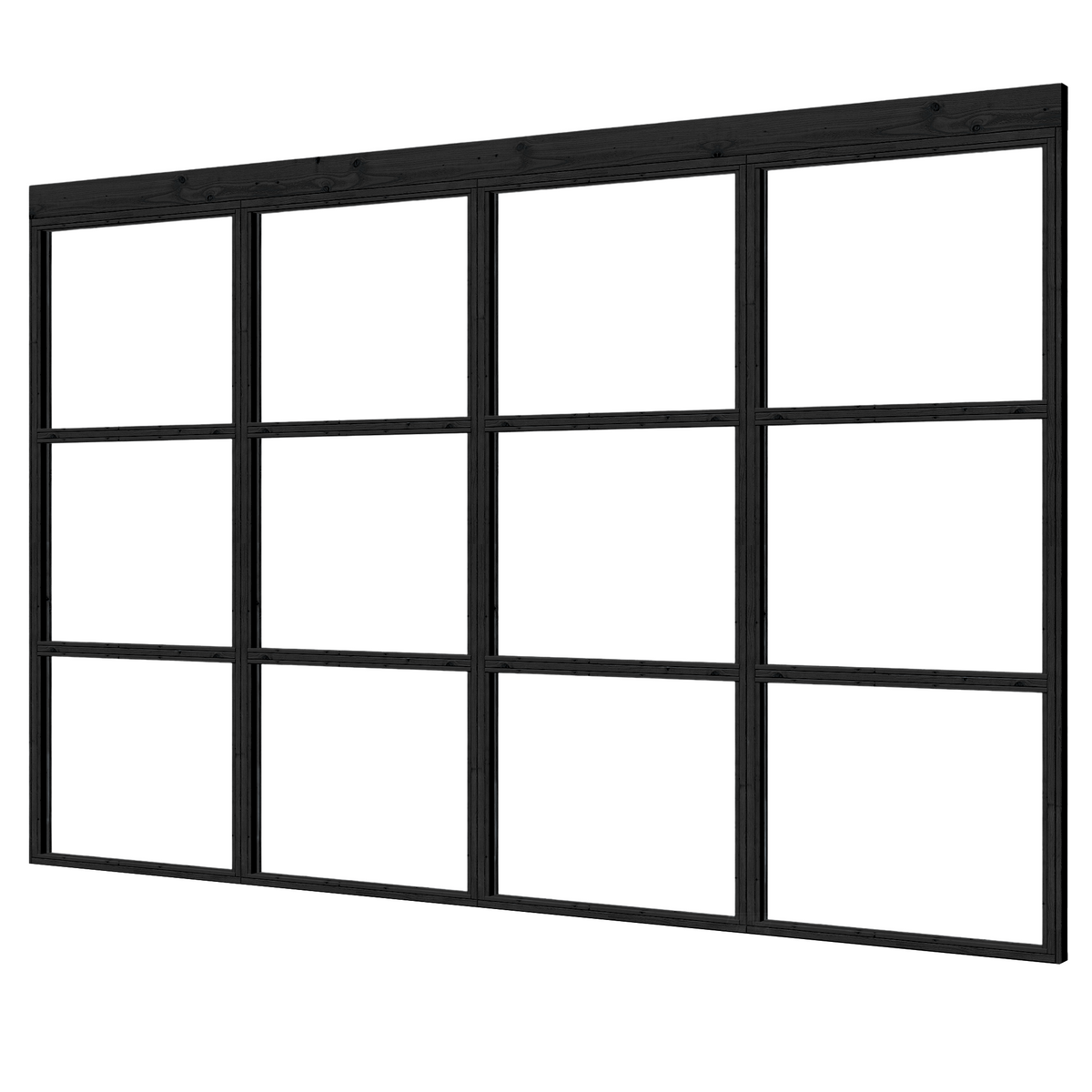 Schuinaanzicht van voren van een zwarte steellook glaswand met 4 panelen, 397,2 x 224 cm, met bovenbalk.