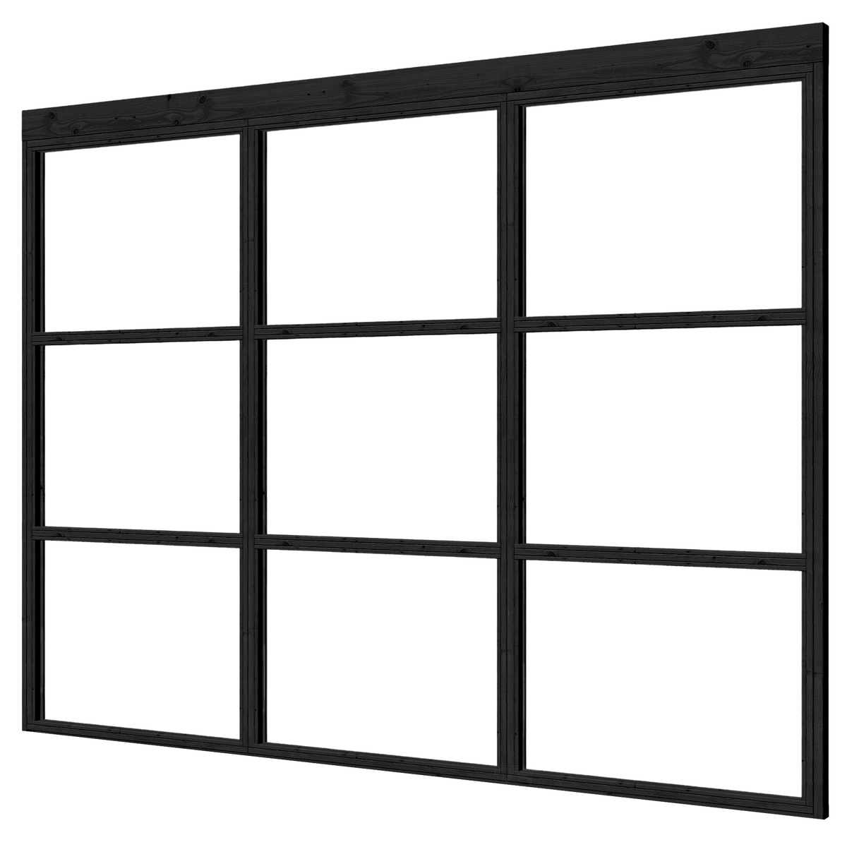 Schuinaanzicht van voren van een zwarte steellook glaswand met 3 panelen, 135 x 224 cm, met bovenbalk.