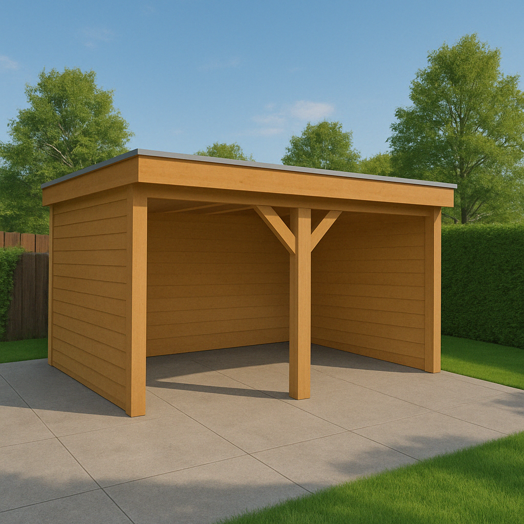 Douglas overkapping met achterwand en 2x zijwand 500 x 300 cm