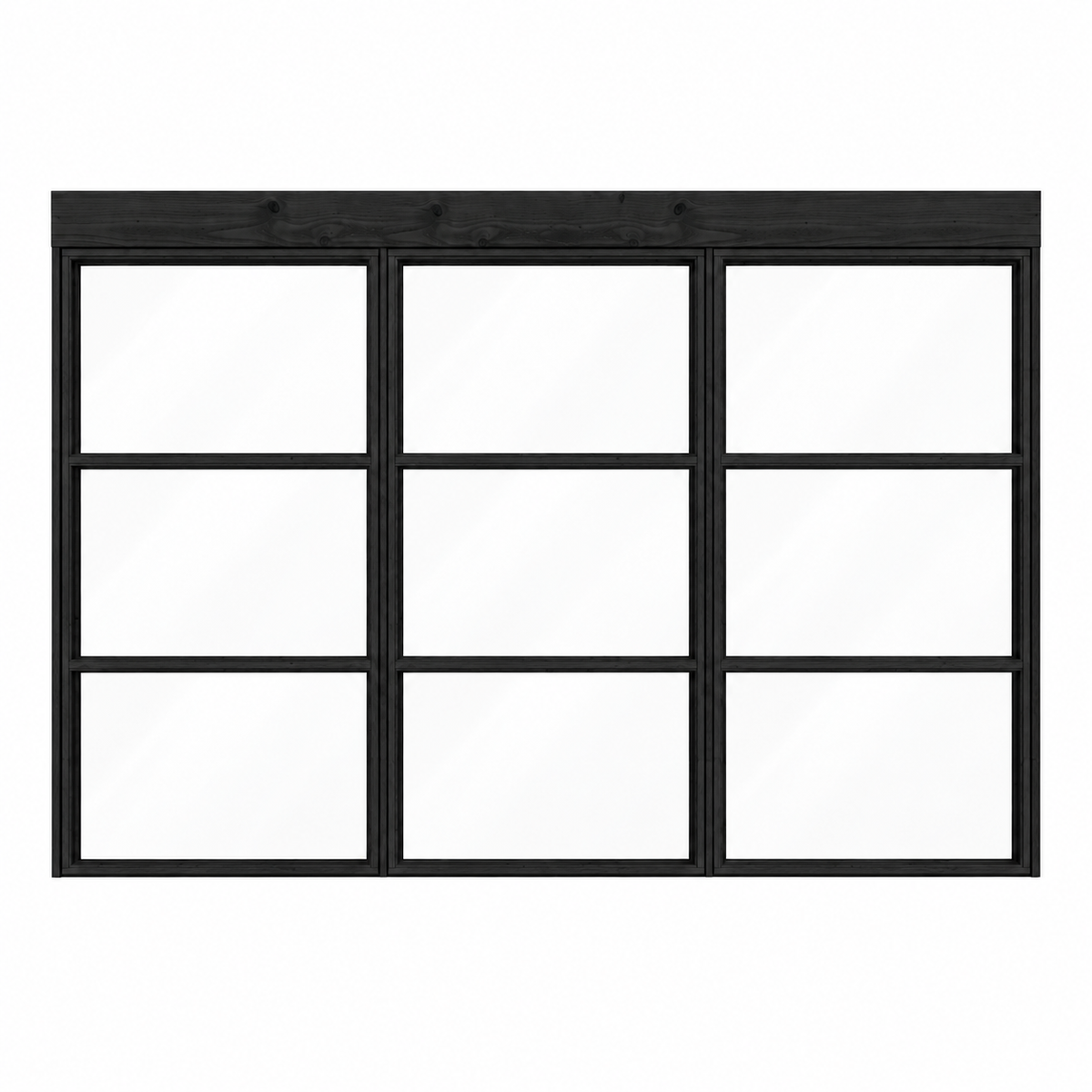 Productillustratie van een zwarte steellook glaswand met drie panelen, 298 x 224 cm, van voren gezien.