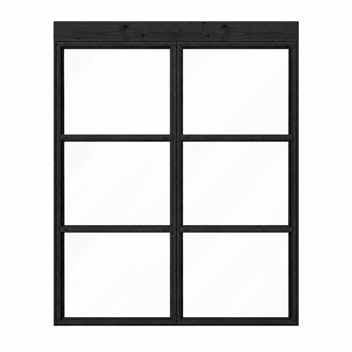 Productillustratie van een zwarte steellook glaswand met twee panelen, 165,2 x 224 cm, recht van voren gezien.