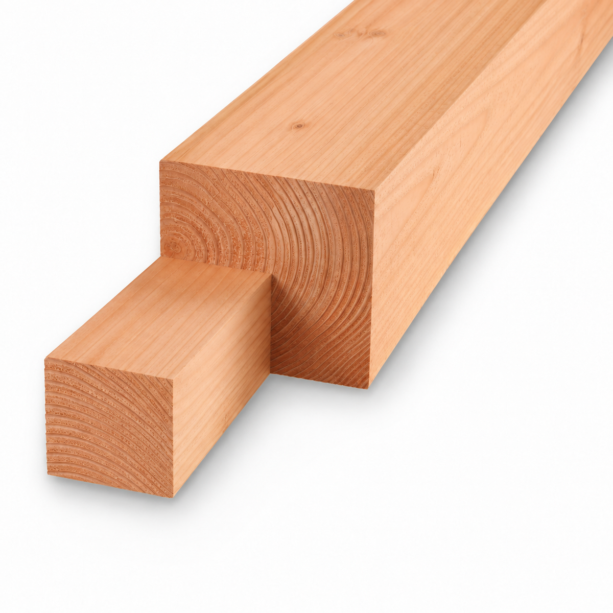 Douglas hoekpaal fijnbezaagd 15 x 15 cm met twee haakse inkepingen, diagonaal van rechtsboven naar linksonder.