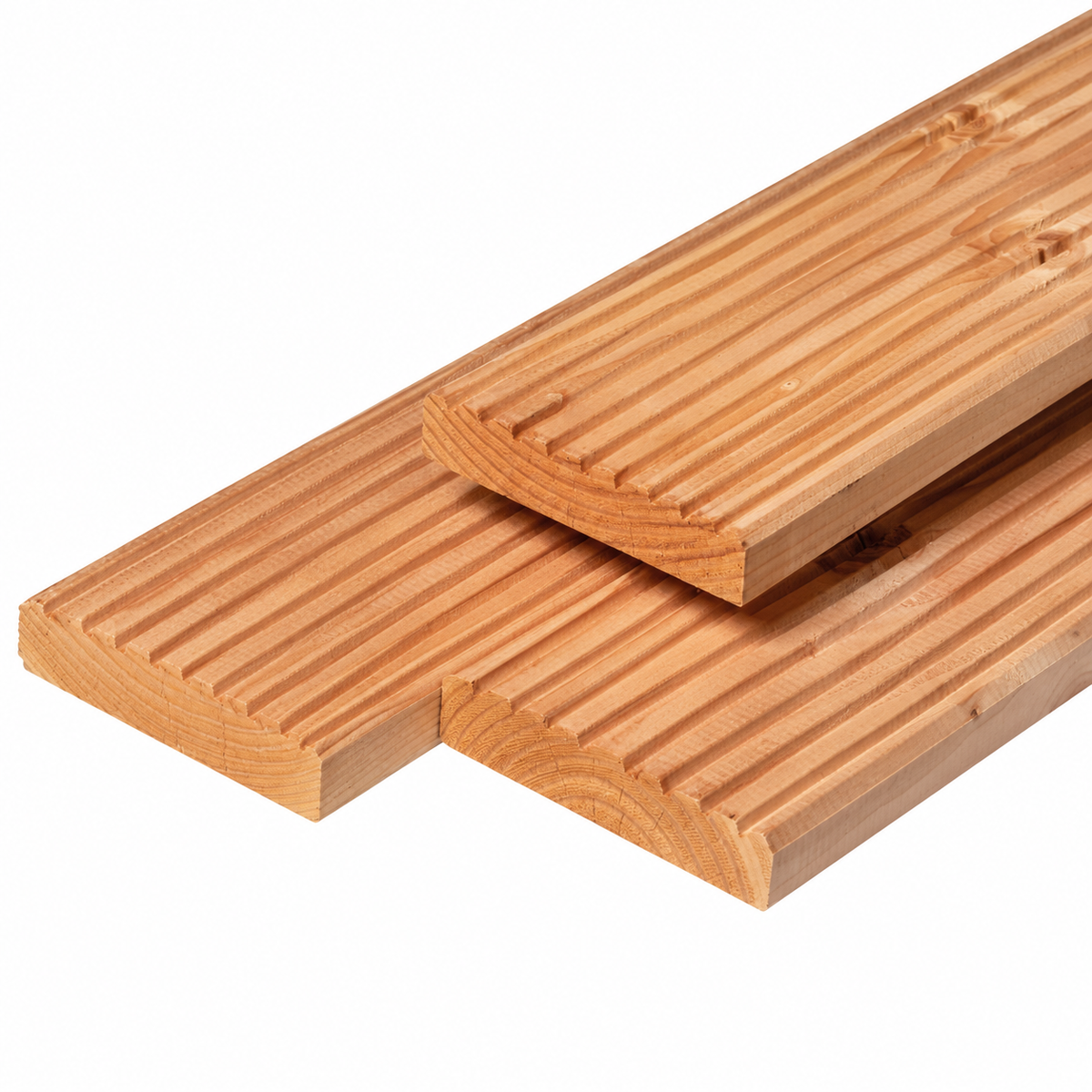 Douglas vlonderplanken 2,8 x 14,5 cm met 9 groeven, over elkaar gelegd van rechtsboven naar linksonder